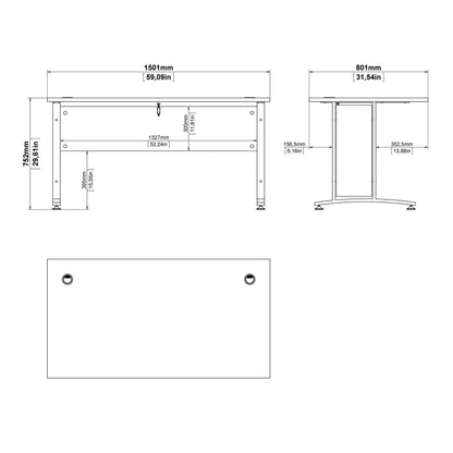prima desk 150cm in white with silver grey steel legs