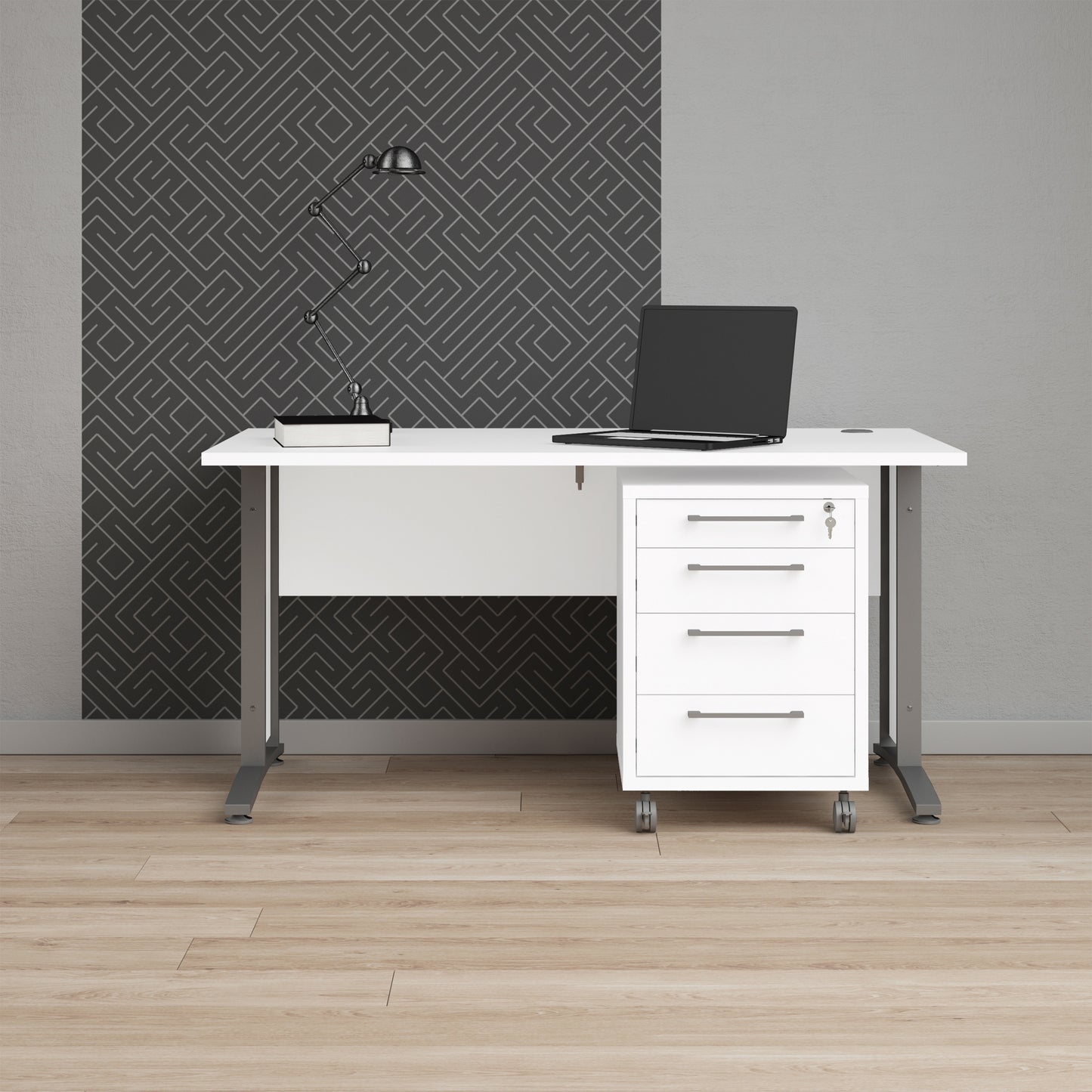 prima desk 150cm in white with silver grey steel legs