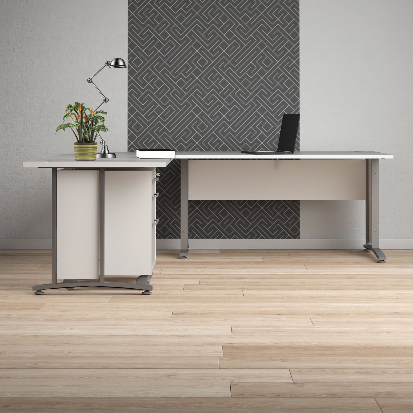 prima desk 150cm in white with silver grey steel legs