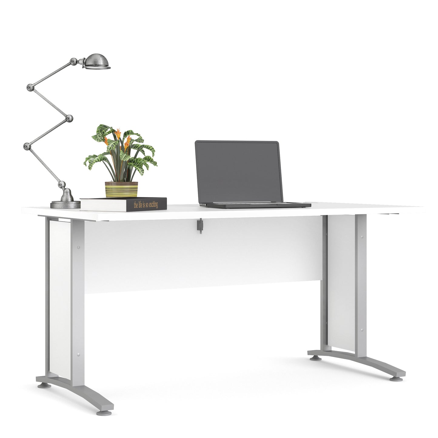 prima desk 150cm in white with silver grey steel legs
