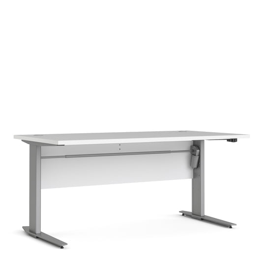 prima desk 150cm in white with height adjustable legs with electric control in silver grey steel