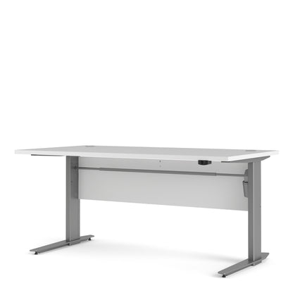 prima desk 150cm in white with height adjustable legs with electric control in silver grey steel