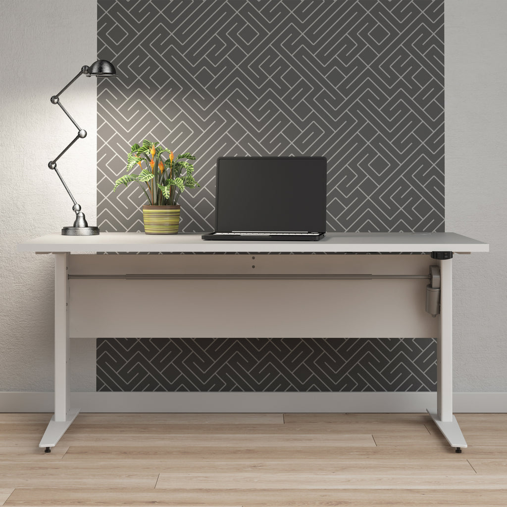 Prima desk 150cm in white with height adjustable legs with electric control in silver grey steel