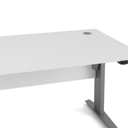 prima desk 150cm in white with height adjustable legs with electric control in silver grey steel