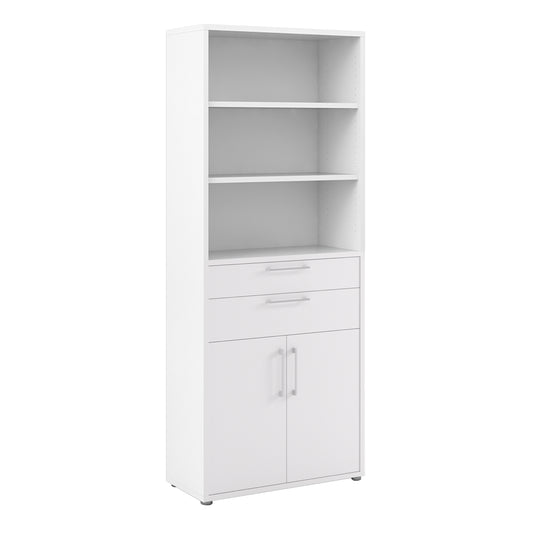 prima bookcase 3 shelves with 2 drawers 2 doors in white