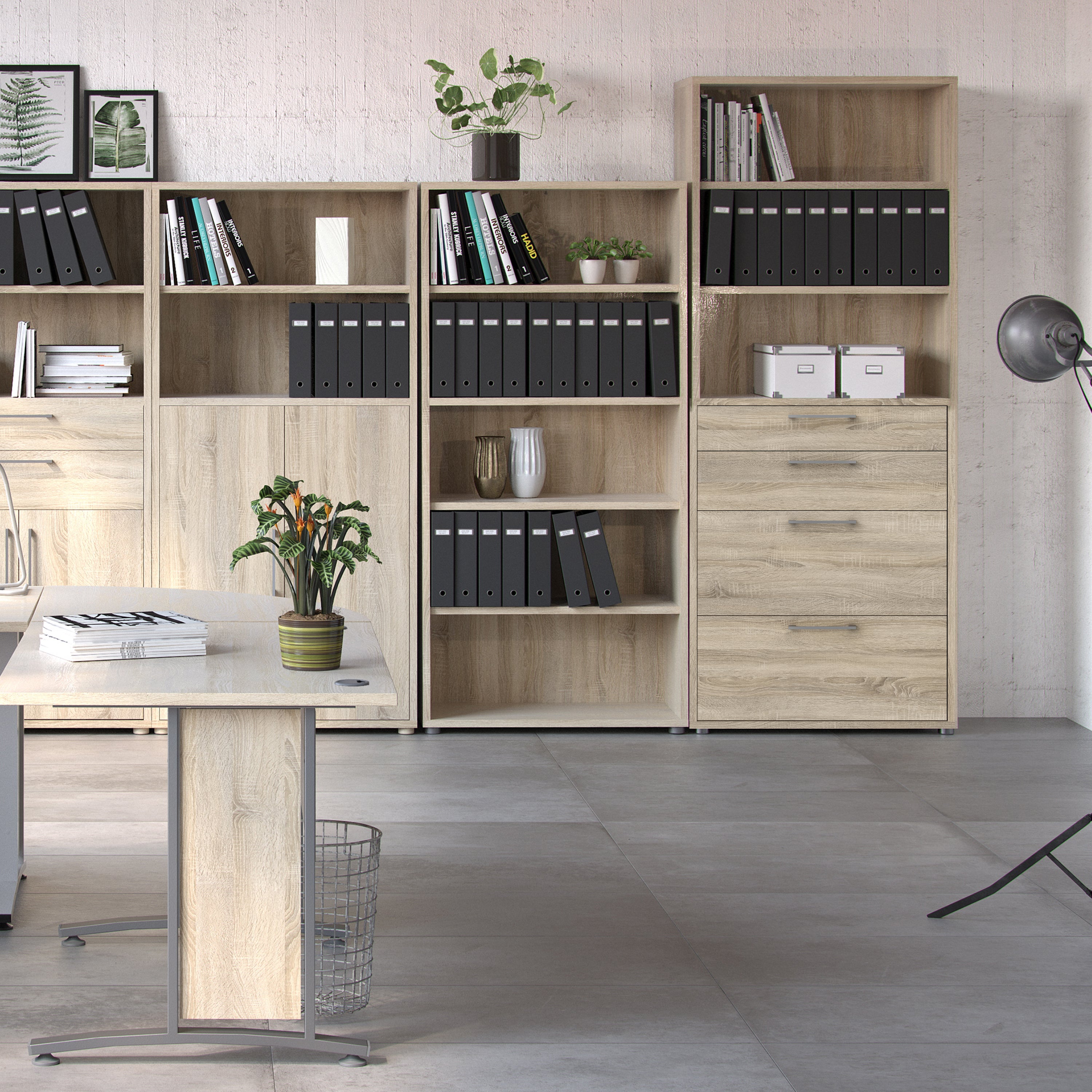 Prima bookcase 2 shelves with 2 drawers 2 file drawers in oak
