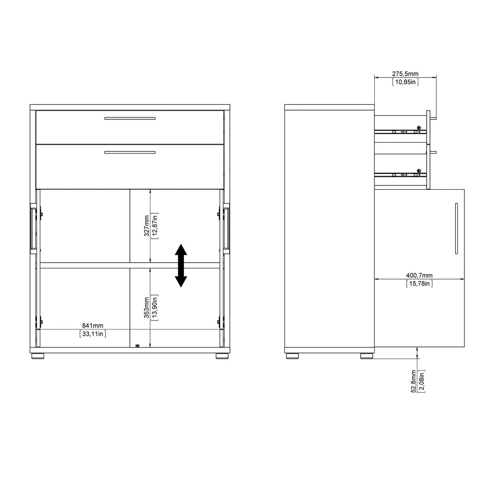 Prima bookcase 1 shelf with 2 drawers 2 doors in oak