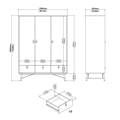 ry wardrobe 3 doors 3 drawers in matt white