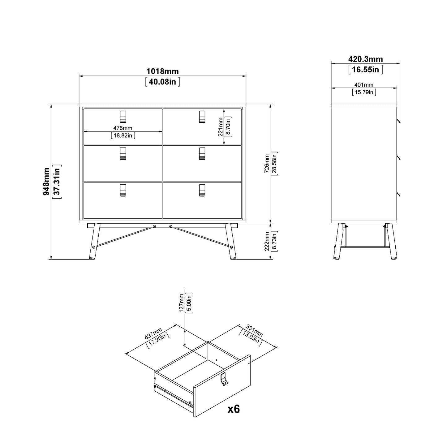 ry double chest of drawers 6 drawers in matt black walnut