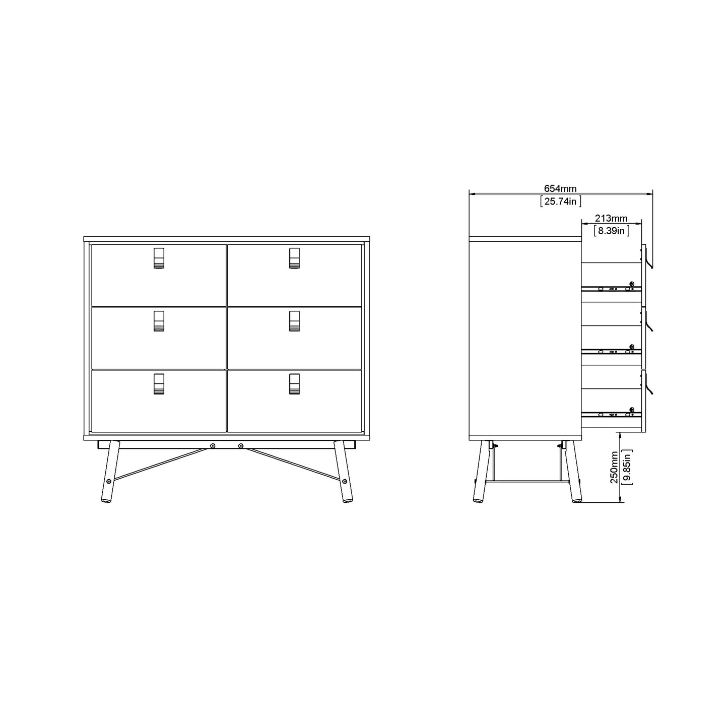 ry double chest of drawers 6 drawers in matt black walnut