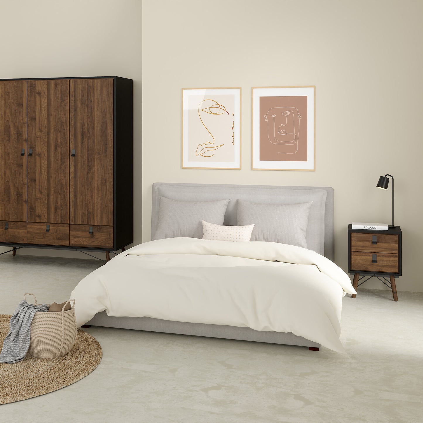 ry bedside cabinet 2 drawer in matt black walnut