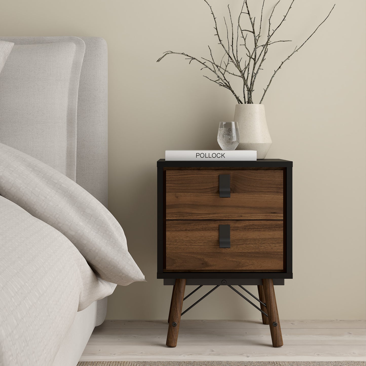 ry bedside cabinet 2 drawer in matt black walnut