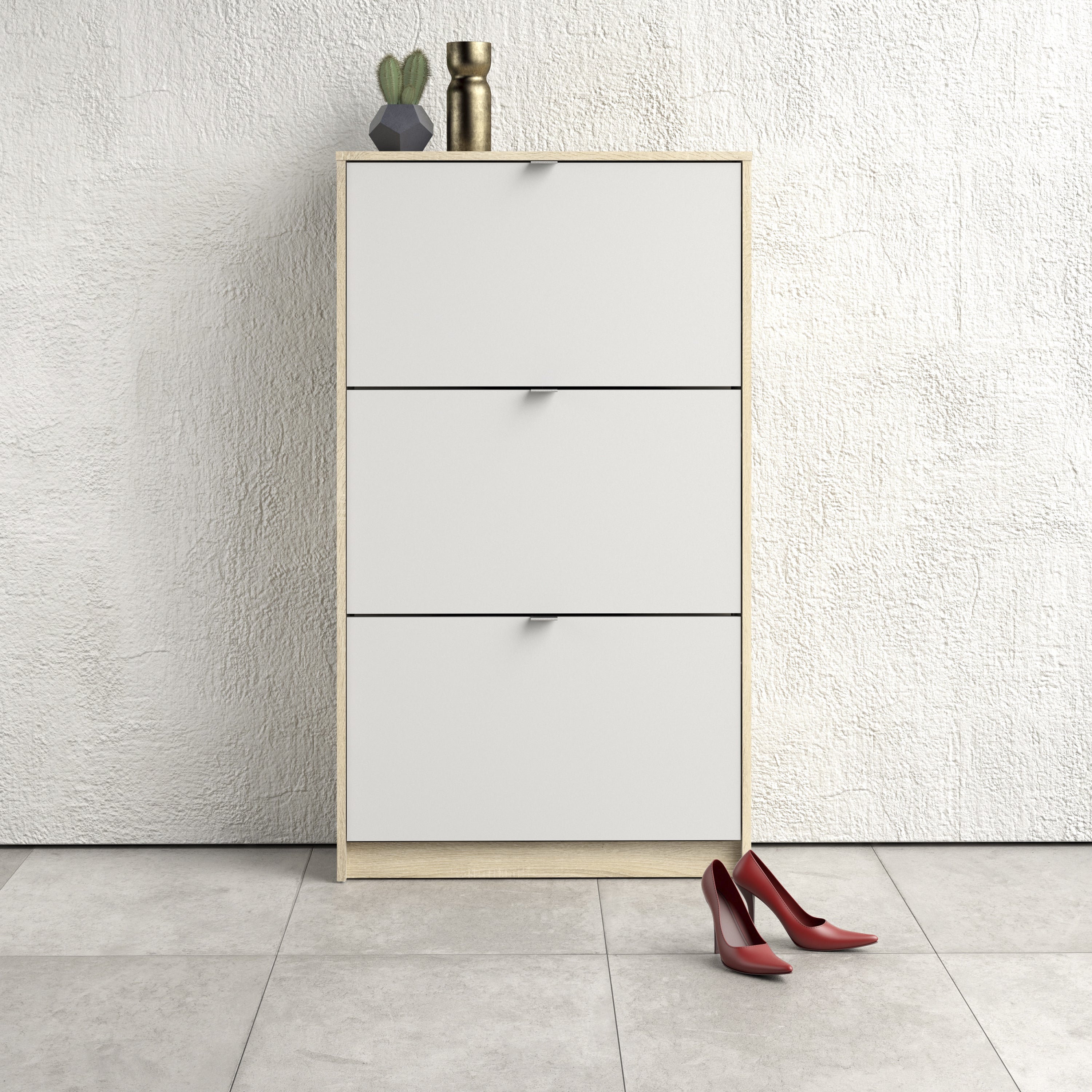 Shoes shoe cabinet 3 flip down doors and 2 layers oak structure white