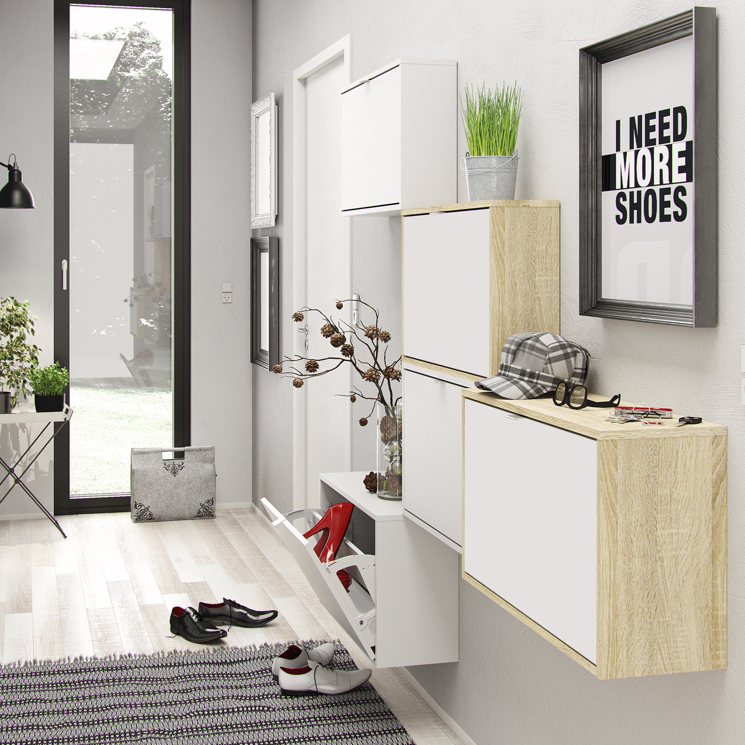 Shoes shoe cabinet 3 flip down doors and 2 layers oak structure white