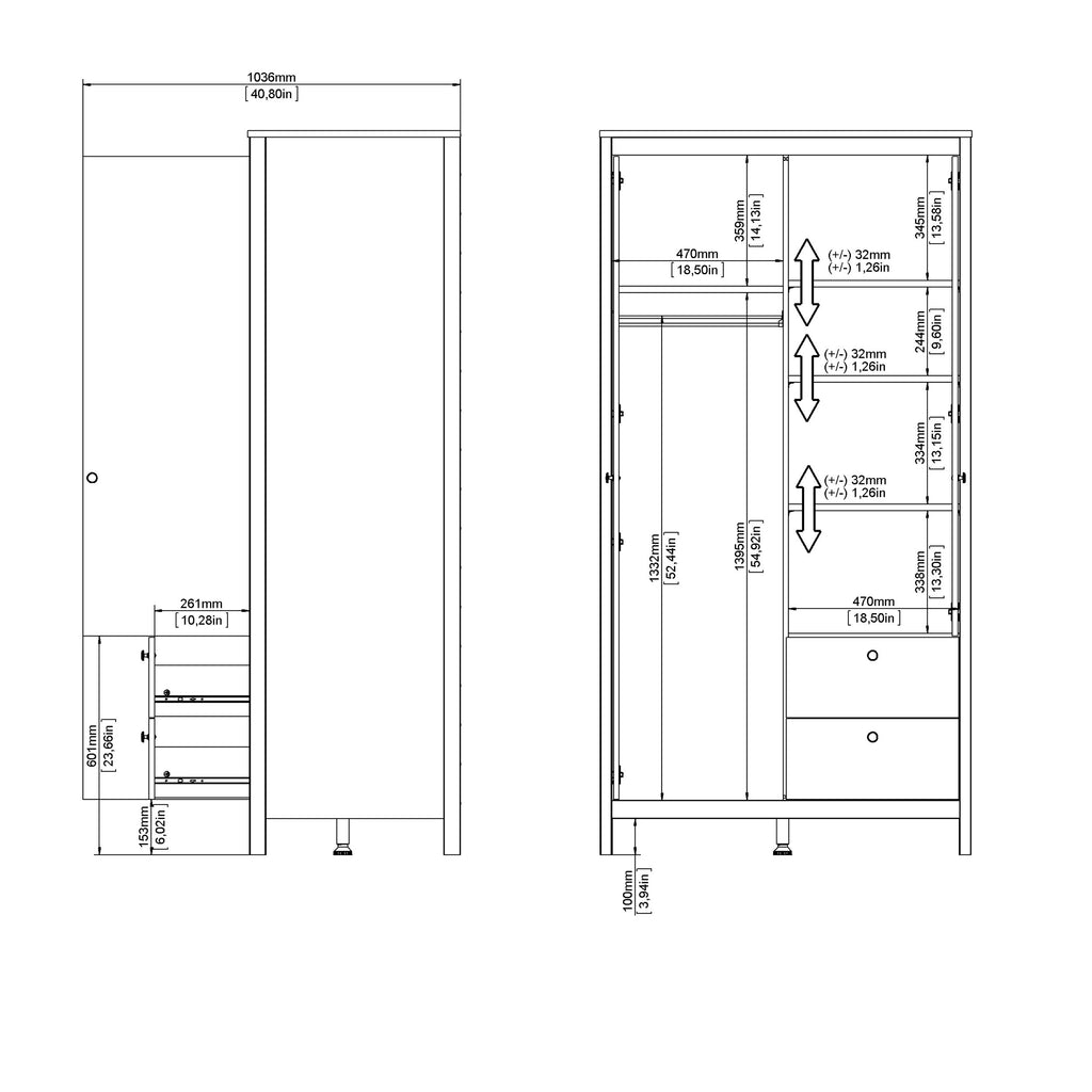 Barcelona Wardrobe with 1 door 1 Mirror Door 2 Drawers in White