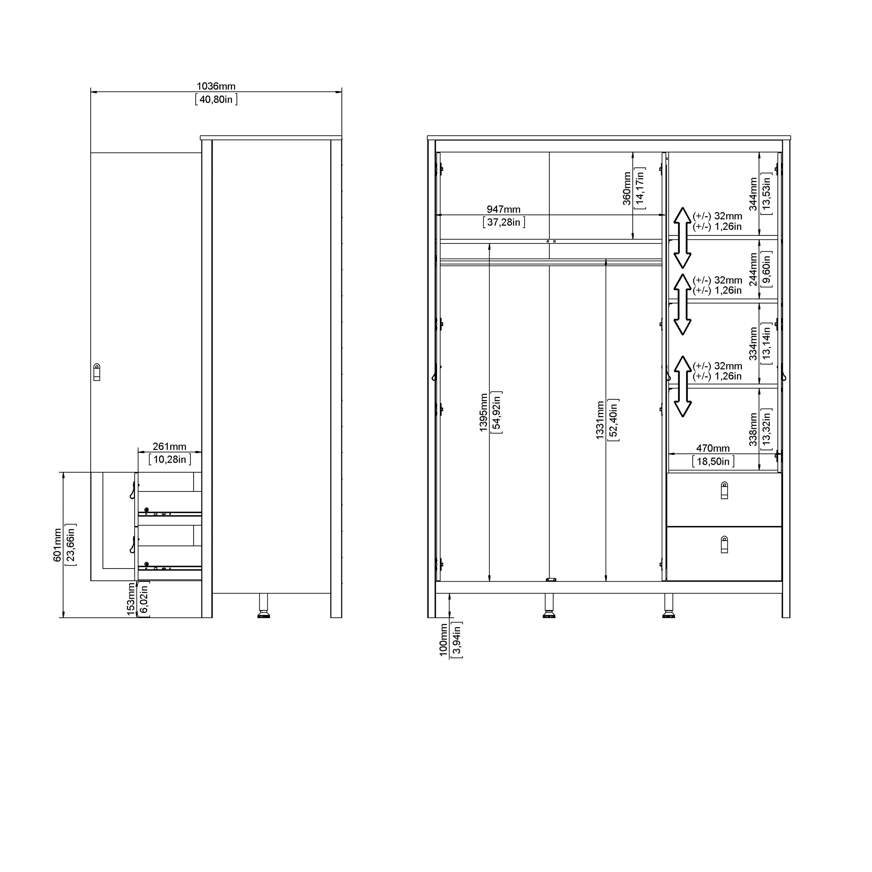 Barcelona Wardrobe with 2 Doors 1 Mirror Door 2 Drawers in Matt Black