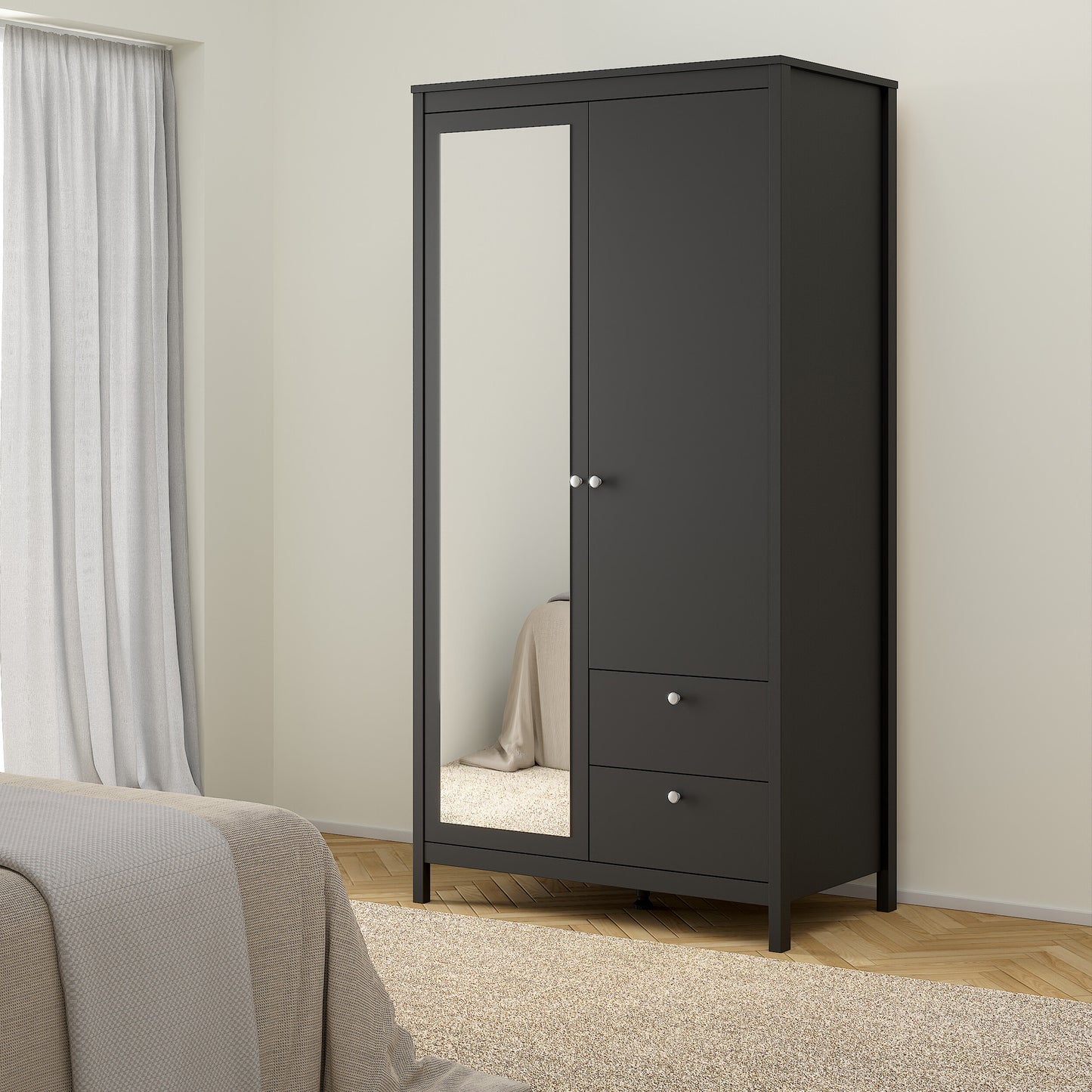 madrid wardrobe with 1 door 1 mirror door 2 drawers matt black