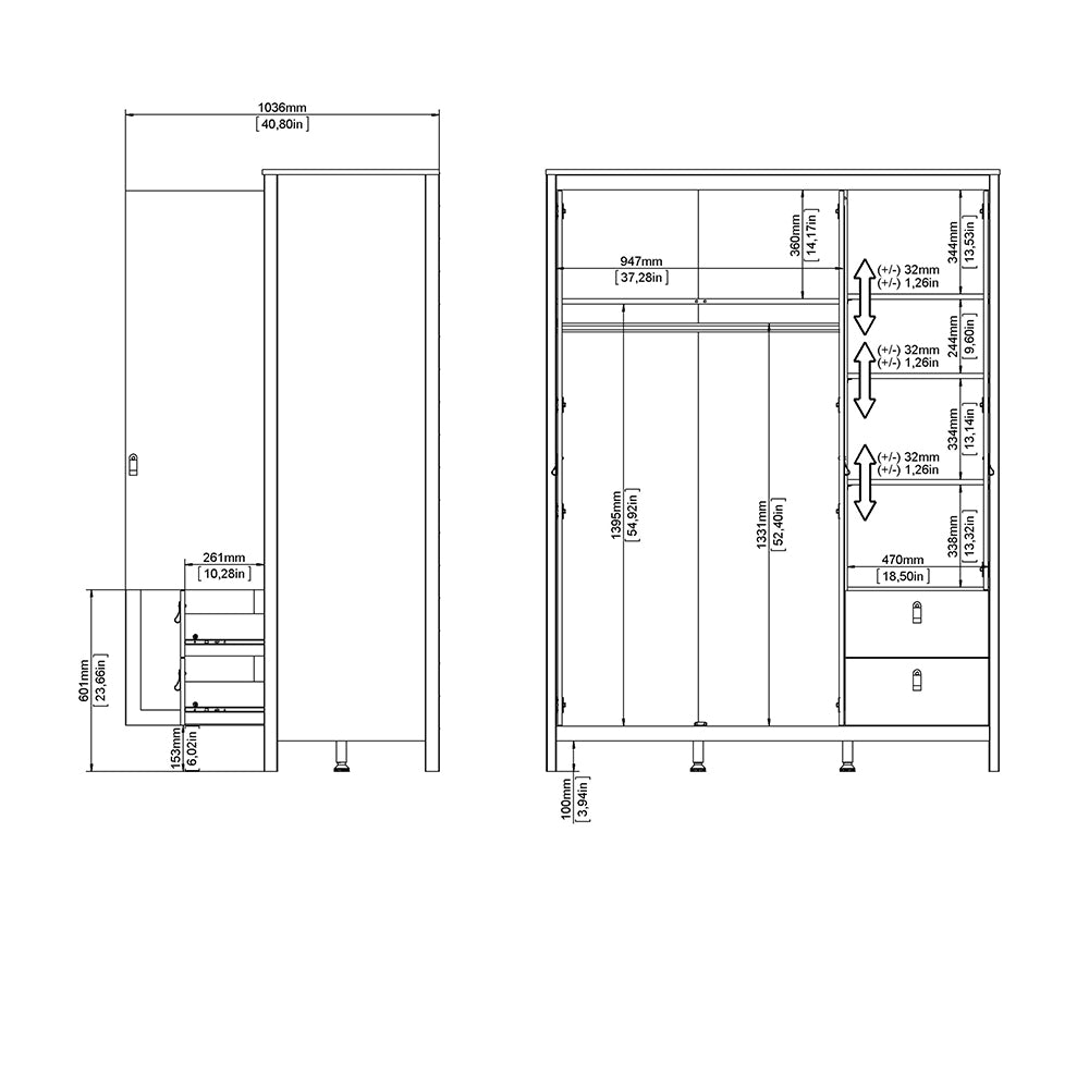 madrid  wardrobe with 2 doors 1 mirror door 2 drawers white