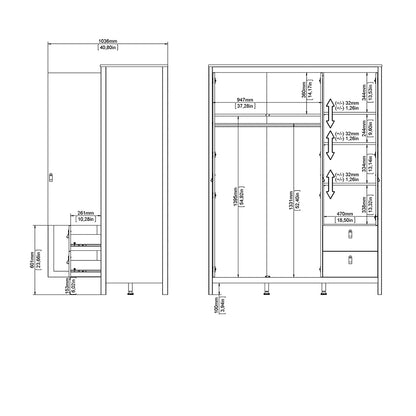 madrid  wardrobe with 2 doors 1 mirror door 2 drawers white