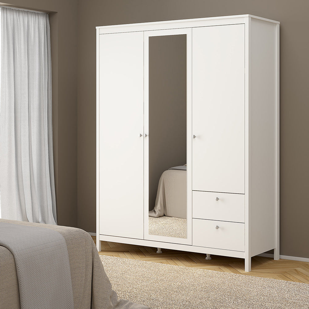 madrid  wardrobe with 2 doors 1 mirror door 2 drawers white