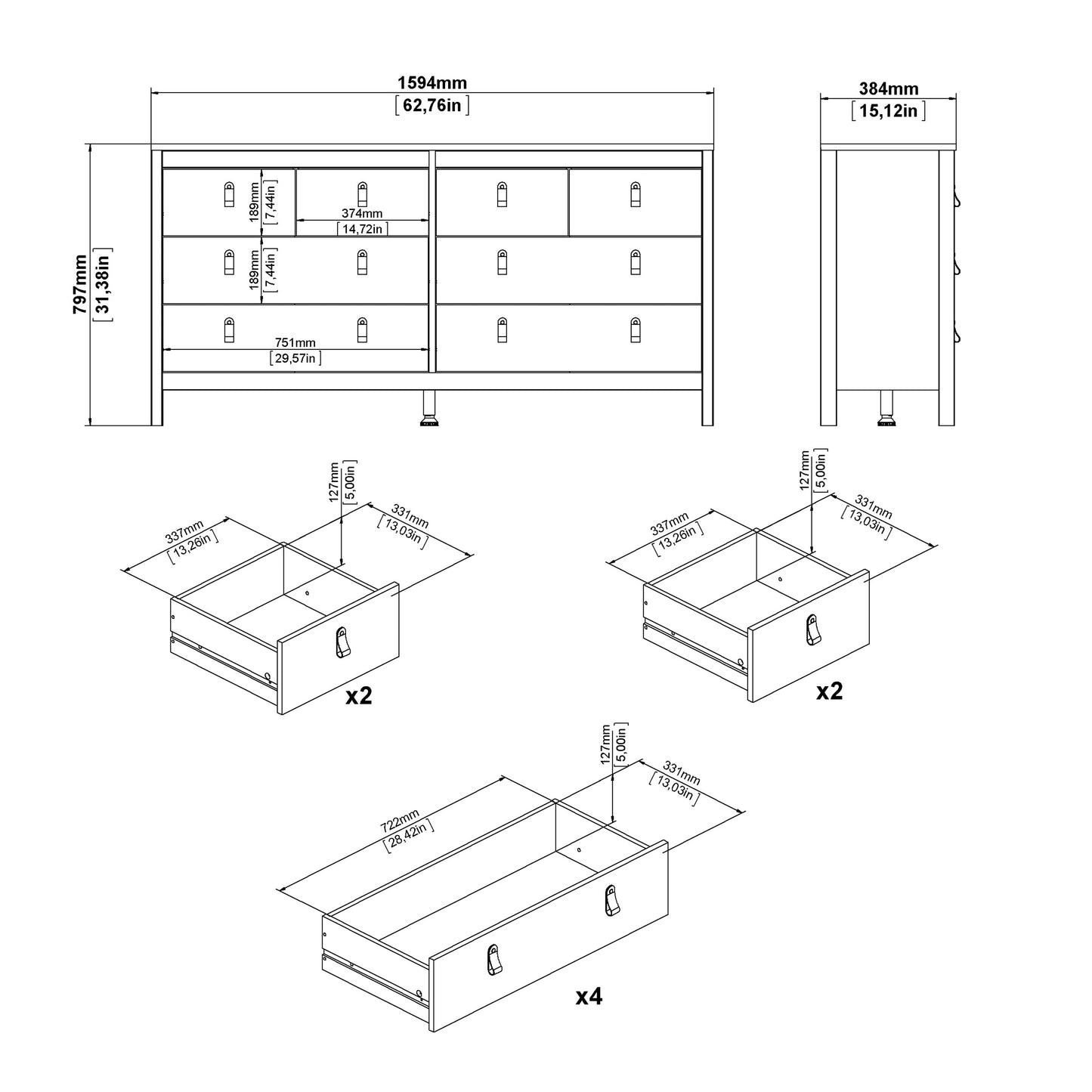 madrid double dresser 4+4 drawers in white