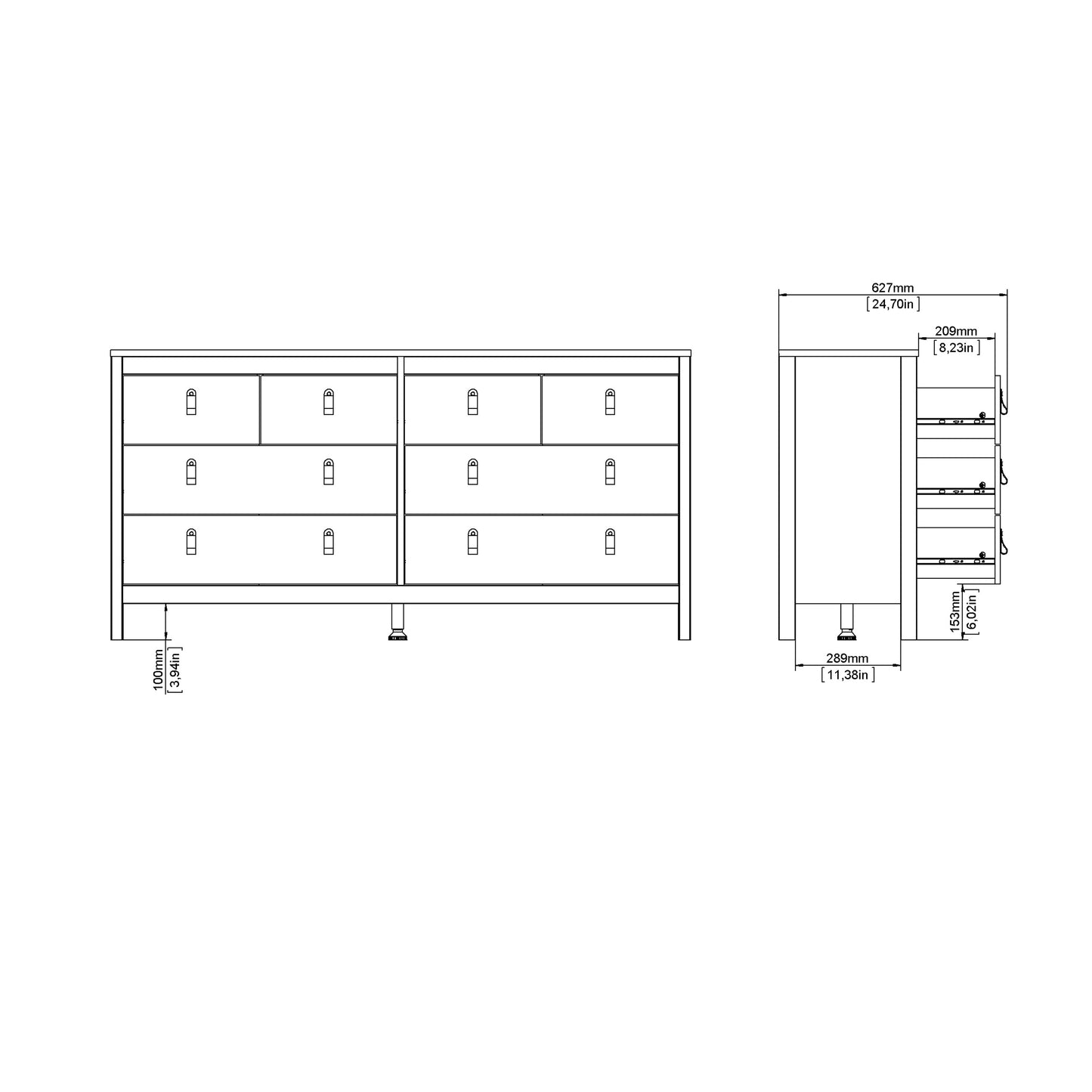 madrid double dresser 4+4 drawers in white