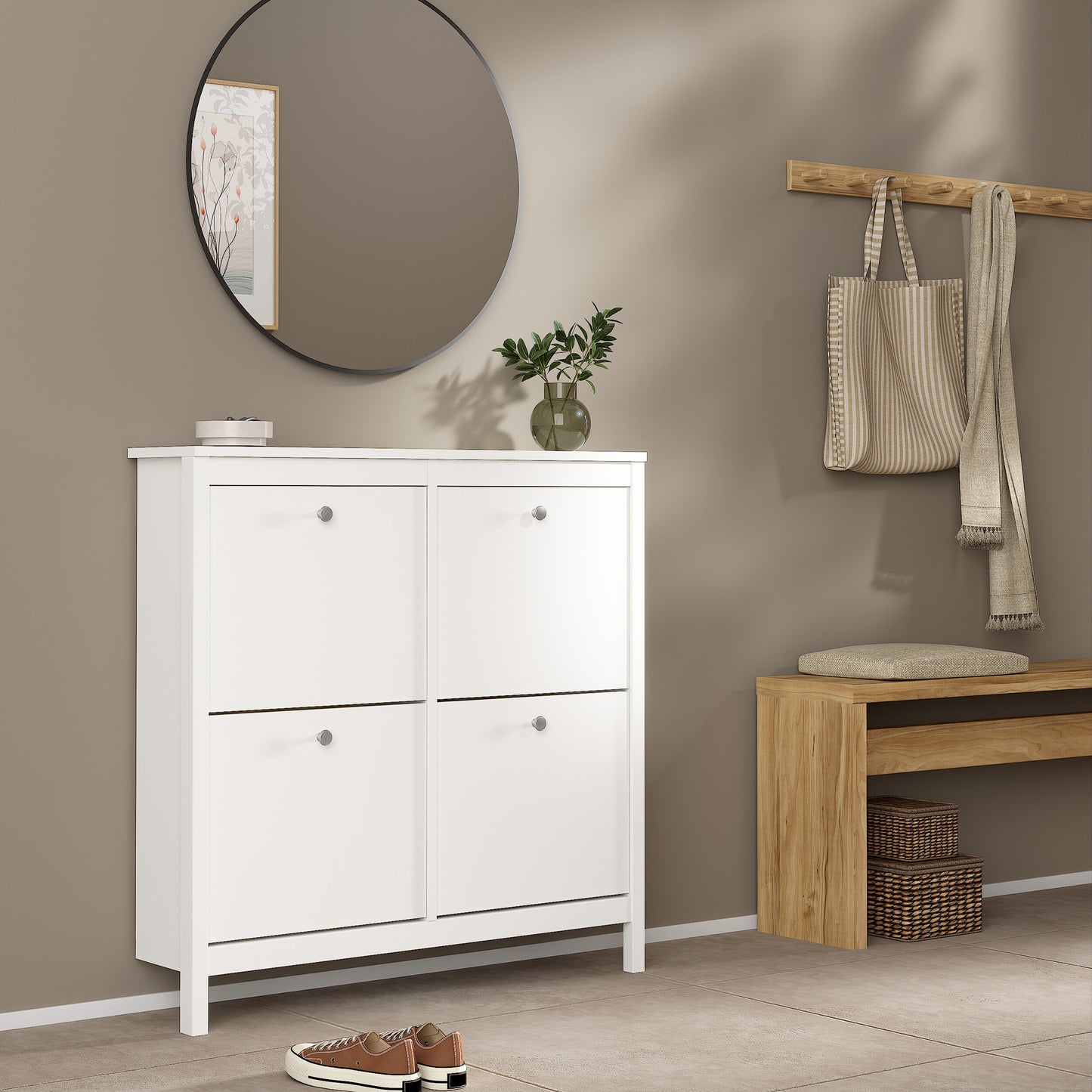 madrid shoe cabinet 4 flip down doors in white