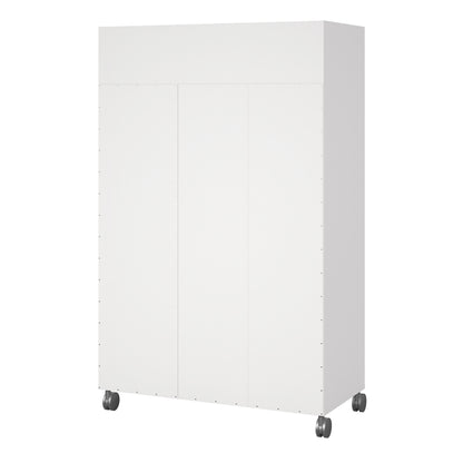 uppsala open mobile wardrobe unit in white with a beige textile curtain on wheels