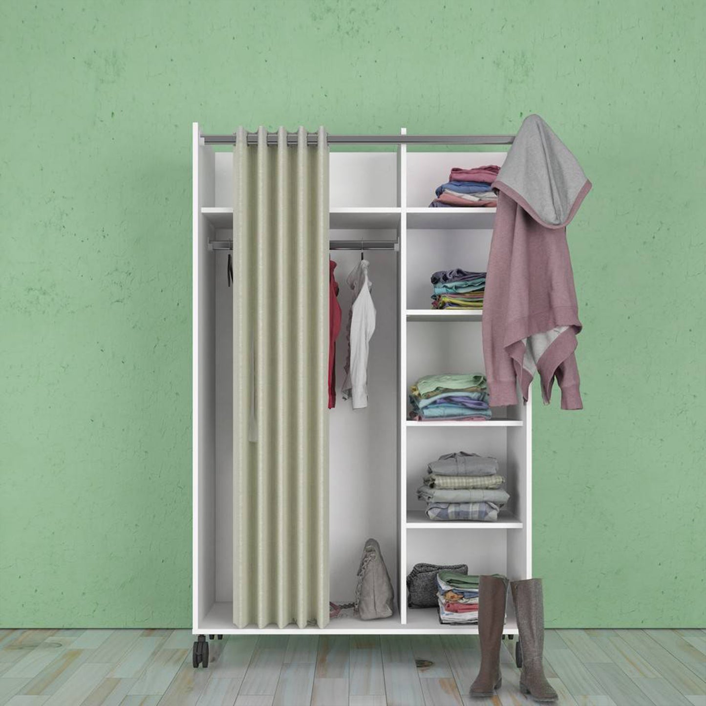 uppsala open mobile wardrobe unit in white with a beige textile curtain on wheels