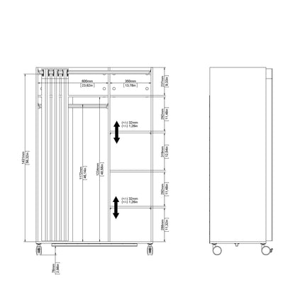 uppsala open mobile wardrobe unit in white with a beige textile curtain on wheels