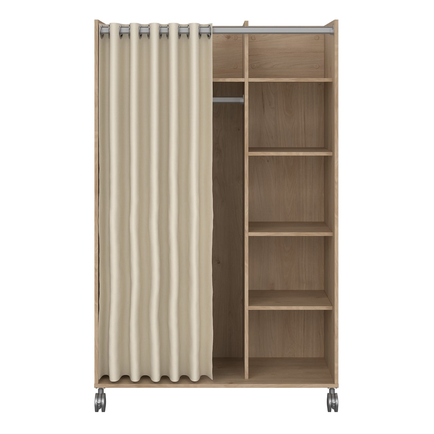 uppsala open mobile wardrobe unit in jackson hickory oak with a beige textile curtain on wheels