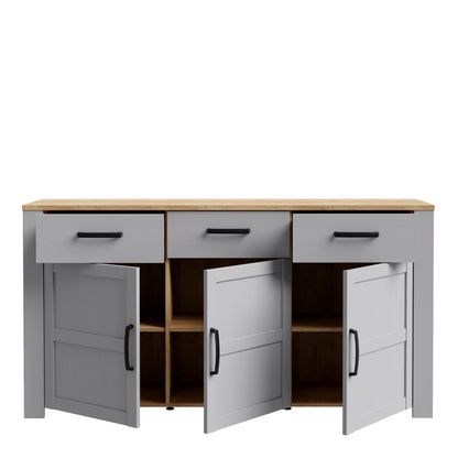 bohol 3 door 3 drawer sideboard in riviera oak/grey oak