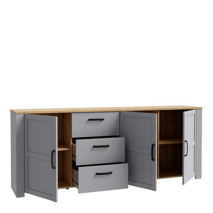 bohol 3 door 3 drawer large sideboard in riviera oak/grey oak