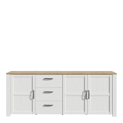 bohol 3 door 3 drawer large sideboard in riviera oak/white