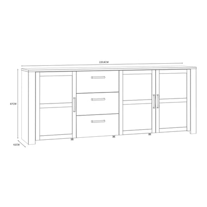 bohol 3 door 3 drawer large sideboard in riviera oak/white