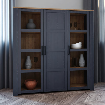 bohol 3 door large display cabinet in riviera oak/navy
