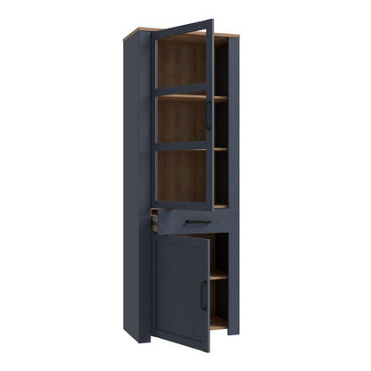 bohol 2 door 1 drawer narrow display cabinet in riviera oak/navy