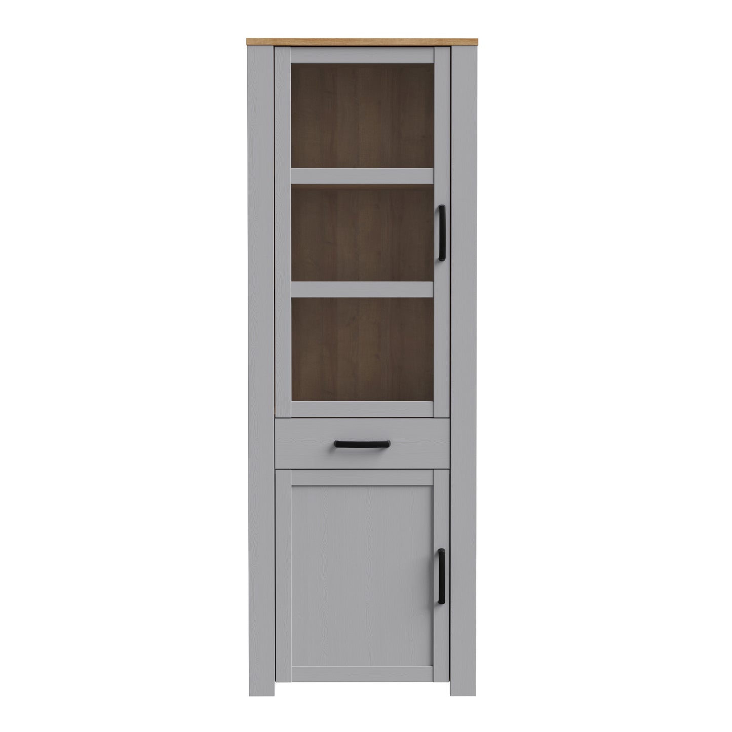 bohol 2 door 1 drawer narrow display cabinet in riviera oak/grey oak
