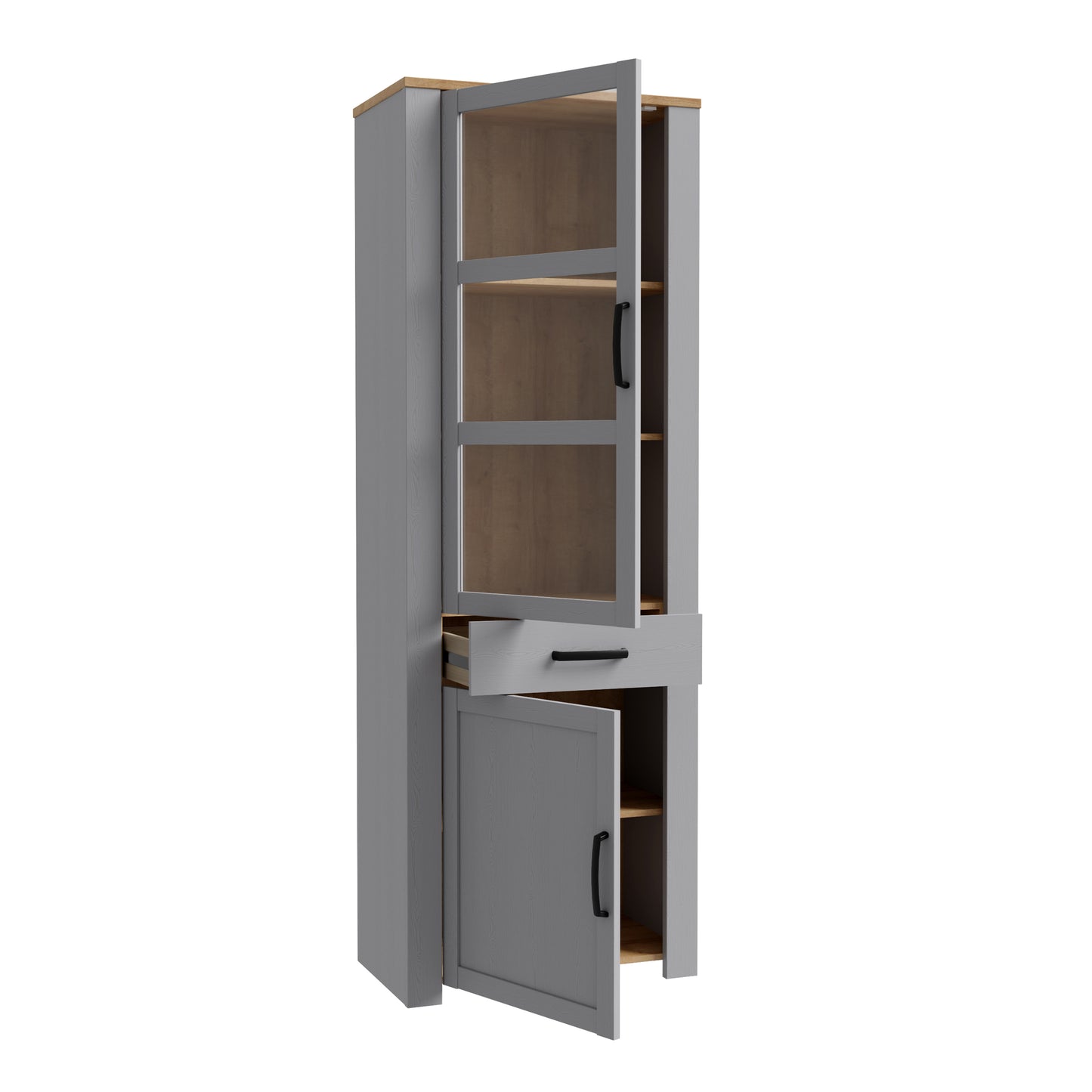 bohol 2 door 1 drawer narrow display cabinet in riviera oak/grey oak