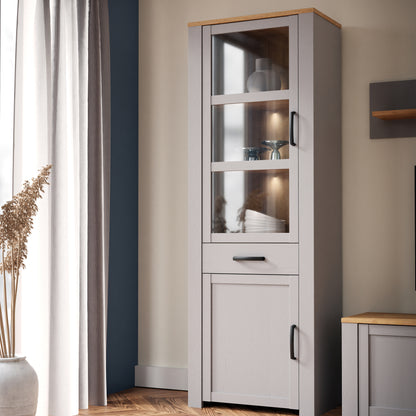 bohol 2 door 1 drawer narrow display cabinet in riviera oak/grey oak
