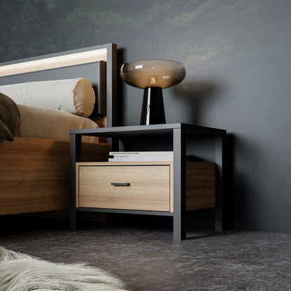 high rock bedside in matt black/riviera oak