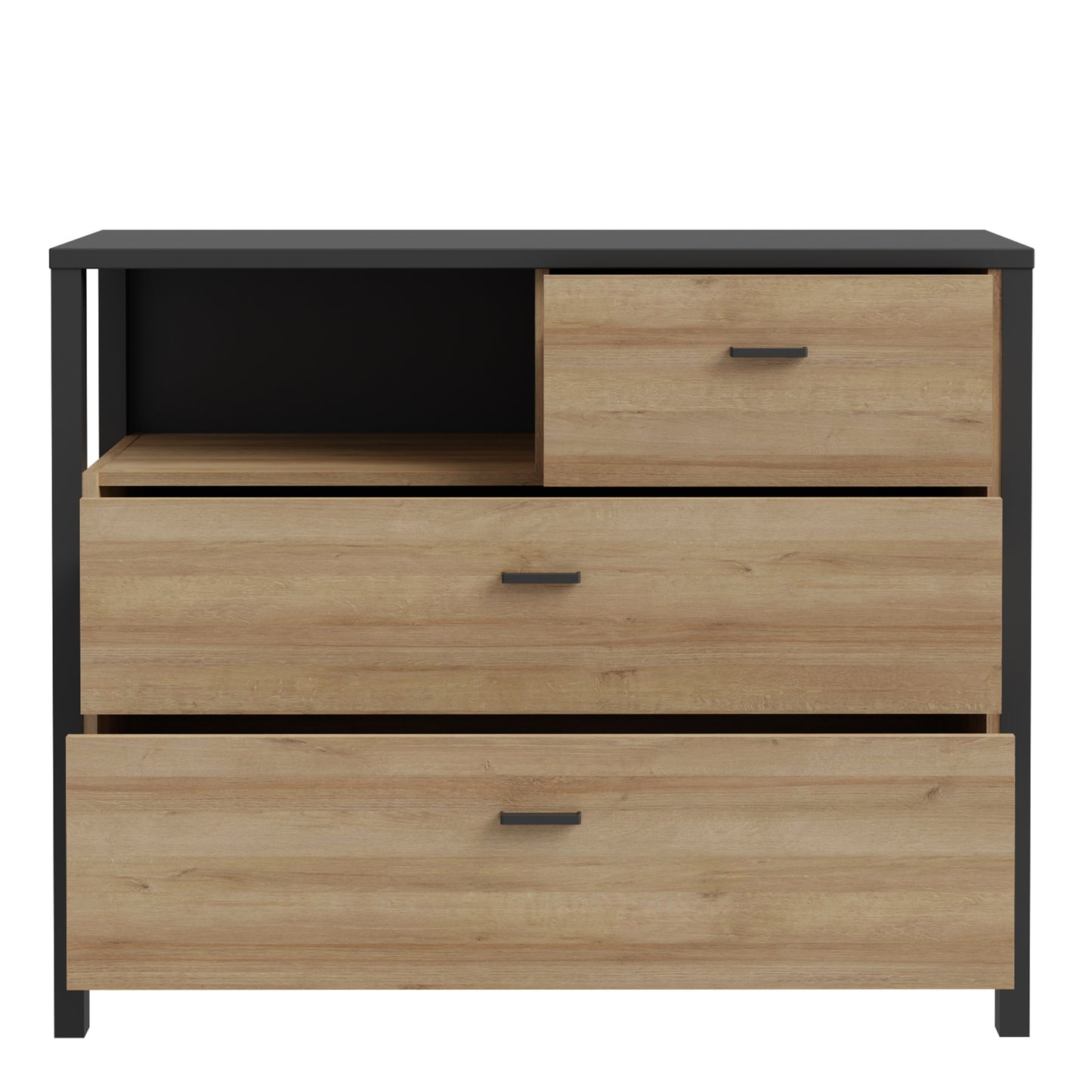 high rock chest of 3 drawers in matt black/riviera oak