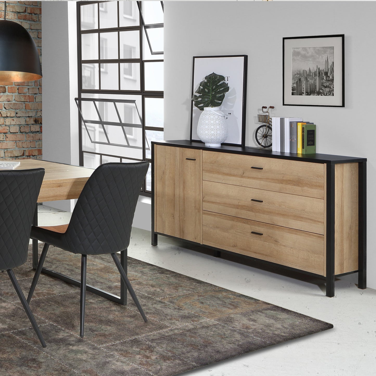 high rock 1 door 3 drawer sideboard in matt black/riviera oak
