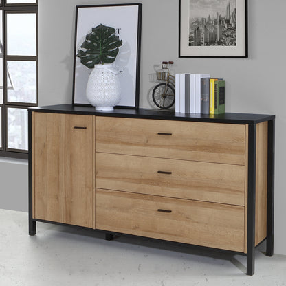 high rock 1 door 3 drawer sideboard in matt black/riviera oak