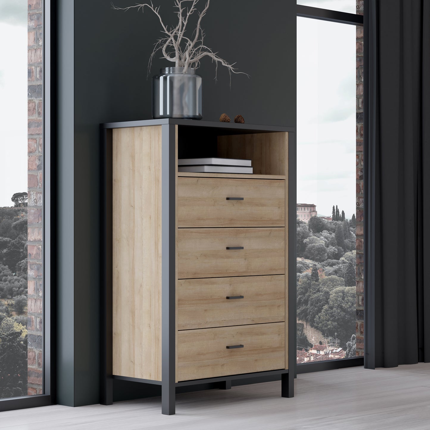 high rock chest of 4 drawers in matt black/riviera oak