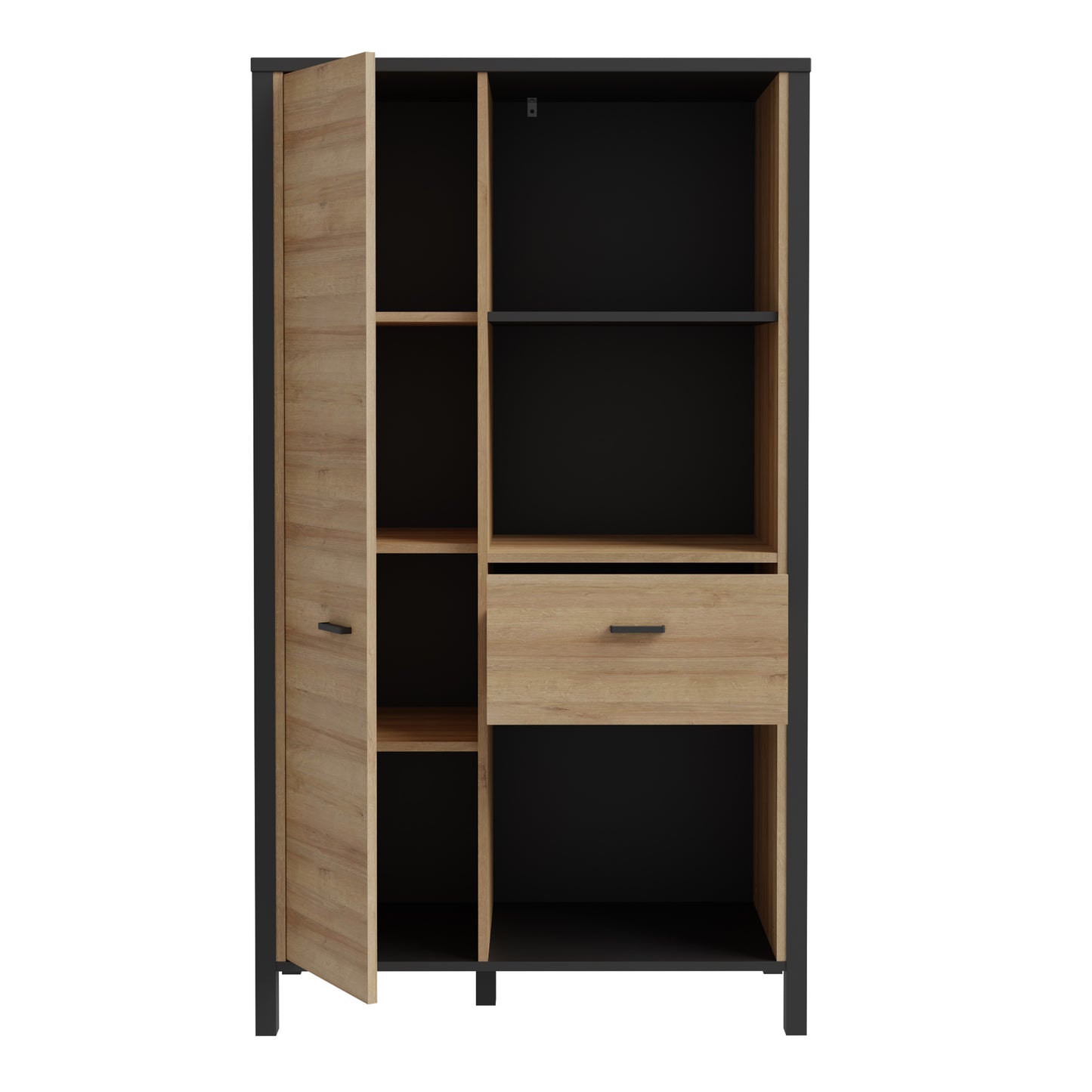 high rock wide shelf unit in matt black/riviera oak