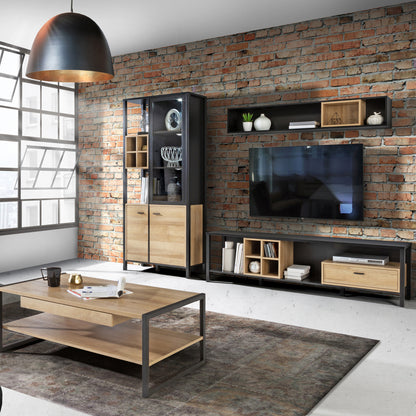 high rock wide tv unit in matt black/riviera oak