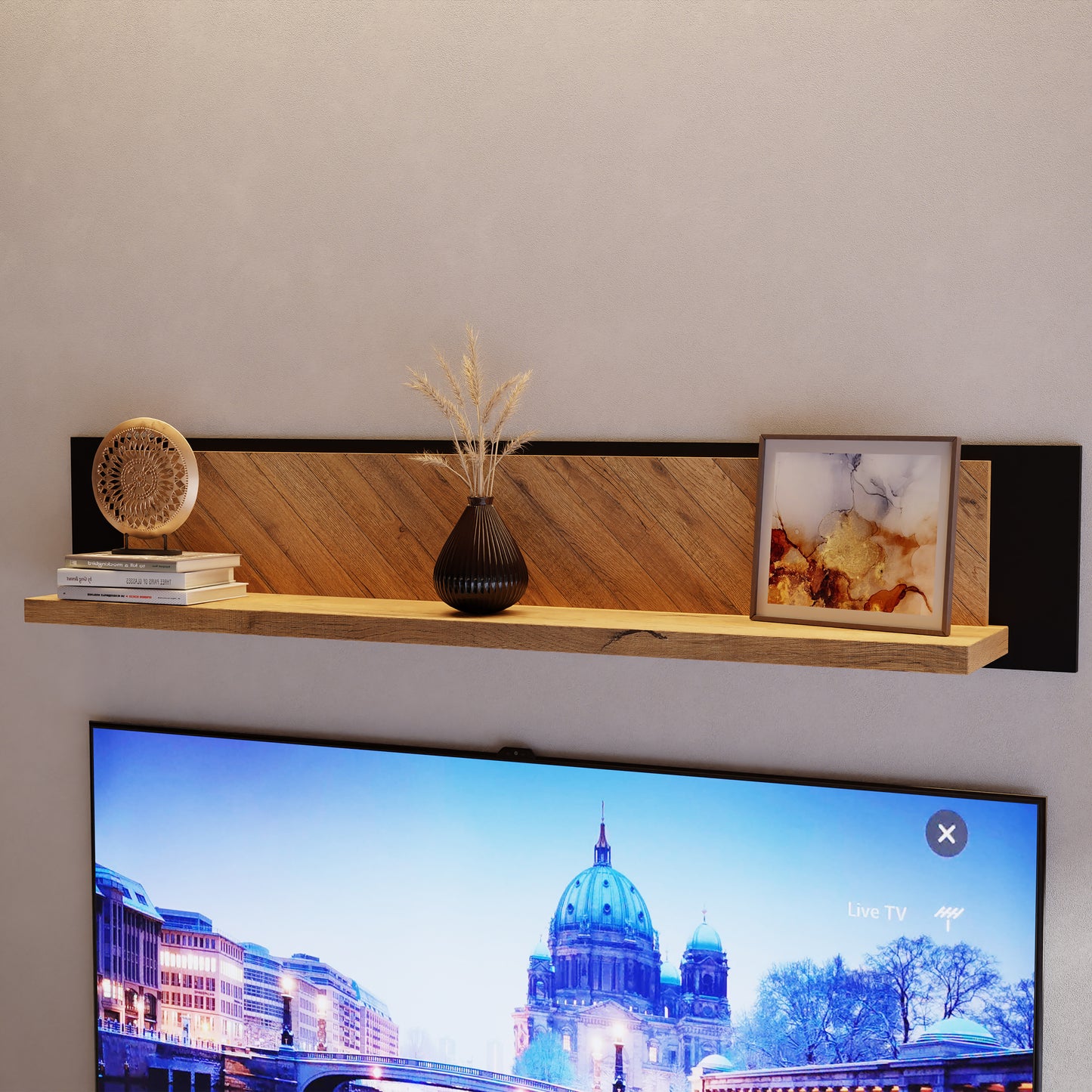 nikomedes wall shelf 140cm in spica oak/matt black/bartex oak