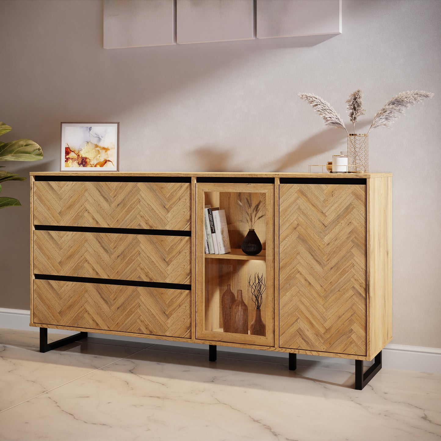 nikomedes sideboard in spica oak/matt black/bartex oak