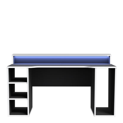 tezaur black gaming desk with white trim and colour changing led